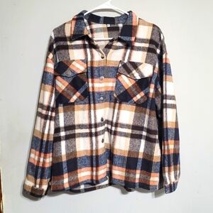 Plaid‎ Shacket Top Size Large Flannel Button Up Shirt Orange Cream Navy Black